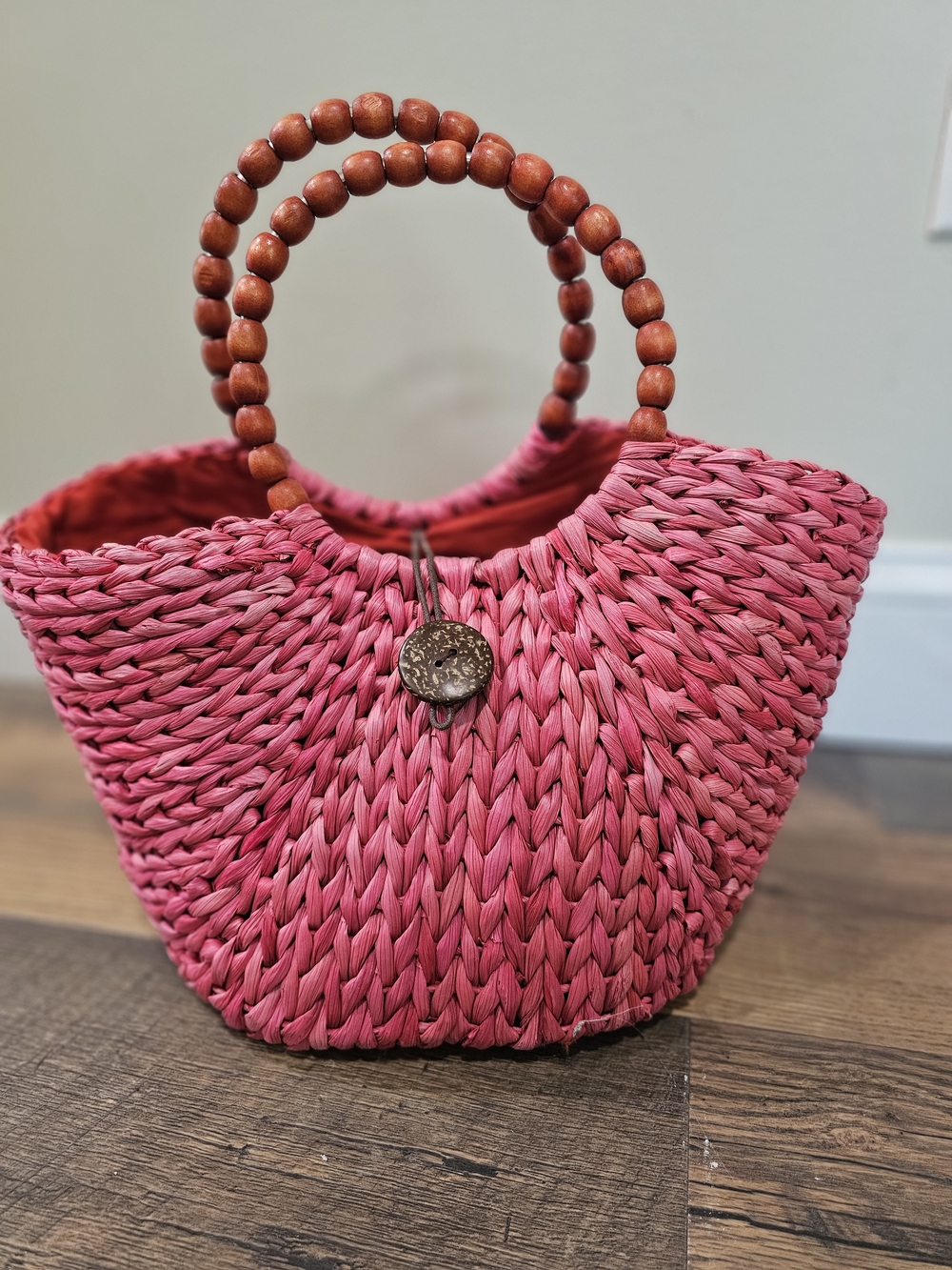 Handwoven Pink Straw Tote with Beaded Handles
